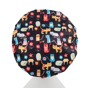 Everyday Double Layer Shower Cap - Black with Cats pattern