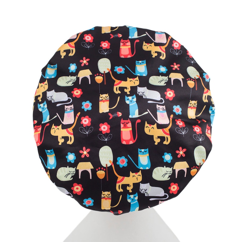 Everyday Double Layer Shower Cap - Black with Cats pattern