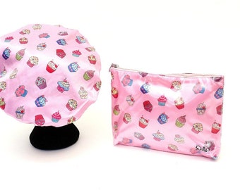 Standard Size Shower Cap & Cosmetic Bag -  Cupcakes - Microfibre Lined Cap - Waterproof Cosmetic Bag
