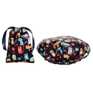 Everyday Double Layer Shower Cap with Matching Drawstring Bag - Black with Cats pattern