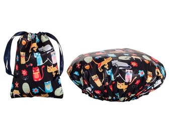 Shower Cap - Matching Satin Bag - Travel Set - Hair Care - Bath And Beauty  - Cat Design