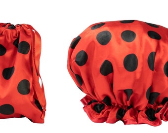 Shower Cap - Double Lined - Matching Satin Bag - Gift Set - Hair Care - Ladybug