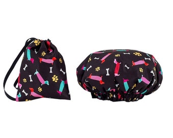 Shower Cap & Bag - Standard Size - Matching Satin Bag - Hair Care - Dog Design