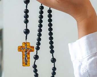 Large Men's Rosary with JOHN PAUL II Cross | Catholic Rosary | Matte Black  | Handcrafted of Baltic Amber & 925 Sterling Silver