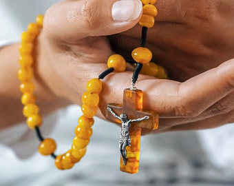 Amber Catholic Rosary with CRUCIFIX | Polished "Antique Butterskotch" Color  | Handmade from natural Baltic Amber & 925 Sterling Silver