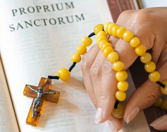 Baltic Amber Catholic Rosary with CRUCIFIX | Polished "Light Butterskotch" Color  | Handmade from Baltic Amber & 925 Sterling Silver