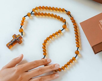Baltic Amber Catholic Rosary with JOHN Paul II CROSS | Matte "Cognac" Color  | Handcrafted from Baltic Amber & 925 Sterling Silver