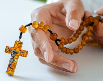 Baltic Amber Catholic Rosary with CRUCIFIX | Matte "Cognac" Color  | Handmade from natural Baltic Amber & 925 Sterling Silver