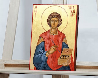 SAINT PANTELEIMON Hand Painted Byzantine Orthodox Icon/ Egg Tempera Technique/ 24K Gold Leaf