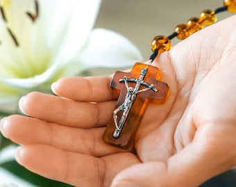 Baltic Amber Catholic Rosary with JOHN Paul II CROSS | Polished "Cognac" Color | Handcrafted from Baltic Amber & 925 Sterling Silver
