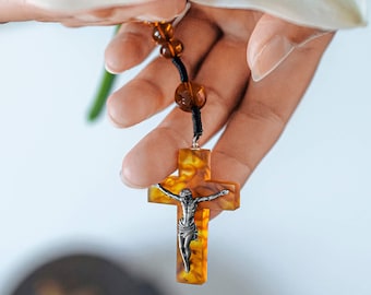 Baltic Amber Catholic Rosary with CRUCIFIX | Polished "Cognac" Color  | Handcrafted from natural Baltic Amber & 925 Sterling Silver