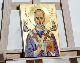 SAINT NICHOLAS Hand Painted Icon, Russian Orthodox Icon with Jesus and Virgin Mary
