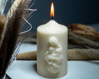 Handmade Christian Prayer Candle with VIRGIN MARY with Baby Jesus Christ Bas-relief | with Gift Box | 100% Natural Wax and  Essential Oil
