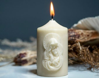 Christian Handmade Scented Candle with VIRGIN MARY with Baby Jesus Christ Bas-relief | with Gift Box | 100% Natural Wax and  Essential Oil