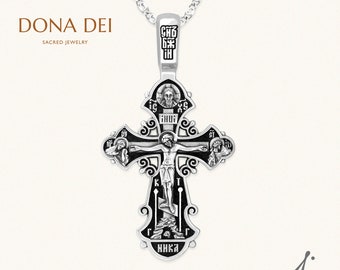 CRUCIFIXION. Saint Nicholas, the Wonderworker. GUARDIAN ANGEL, Christian Orthodox Cross Pendant, Sterling Silver, Akimov Jewelry