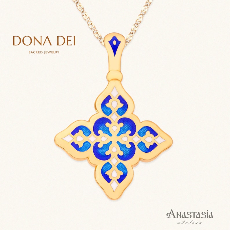 Russian Orthodox Enamel Cross Pendant The Blooming Hearts Have Mercy On Me\u201c Anastasia Atelier Lord Silver /& 24 Karat Gold Filled