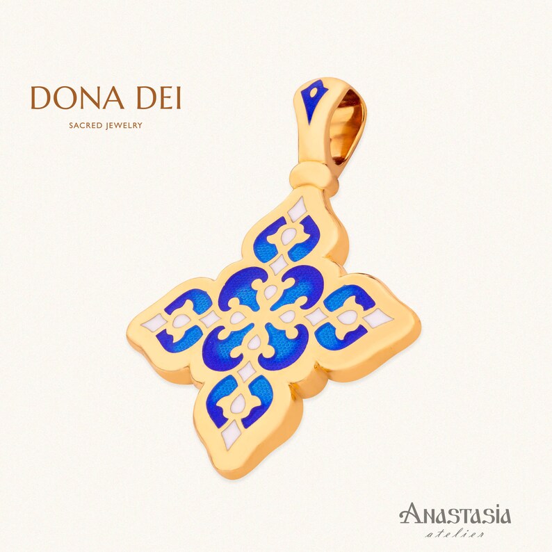 Russian Orthodox Enamel Cross Pendant The Blooming Hearts Have Mercy On Me\u201c Anastasia Atelier Lord Silver /& 24 Karat Gold Filled