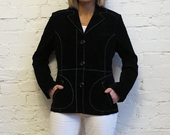Chaqueta vintage de ante negro para mujer, blazer de cuero, chaqueta de cuero genuino, ropa de abrigo para mujer, talla mediana