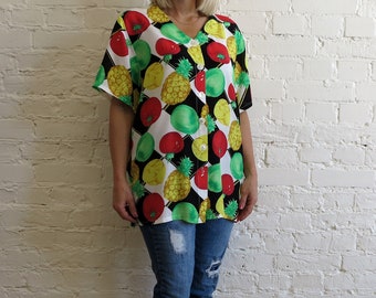 Multicolor Fruit Print Blouse Lemon Pineapple Print Blouse Short Sleeves Blouse Womens Shirt Buttons Down Top Large Size