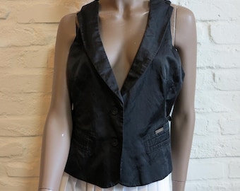 Vintage Black Satin Vest | 90s Taffeta Waistcoat, Red Lining, Size M