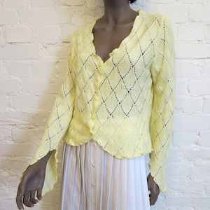 Vintage Yellow Knitted Jacket Light Yellow Womens Cardigan Buttons Up Cardigan Long Asymmetric Sleeves Cardigan Medium Size