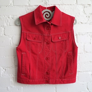 Red denim vest womens sales