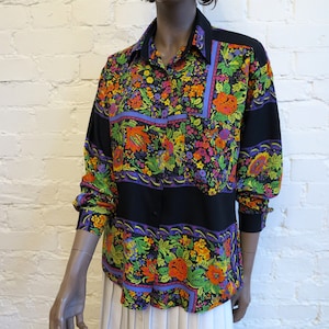 Vintage 80s Multicolor Floral Print Blouse Black Print Viscose Womens Shirt Long Sleeves Blouse Womens Shirt Buttons Down Top Medium Size