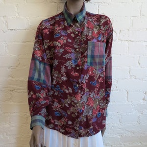 Womens Plaid Shirt Flannel Shirt Warm Plaid Womens Shirt Womens Work Shirt Wine Red Plaid Floral Cotton Checkered Shirt Large Size