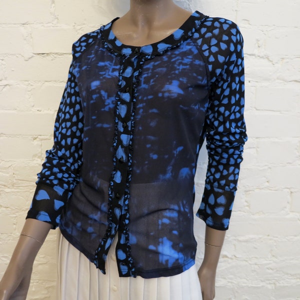 Vintage 1990s Mesh Blouse Black Blue Hearts Print Stretchy Sheer Jacket Transparent Blouse Buttons Down Mesh Top Medium Size