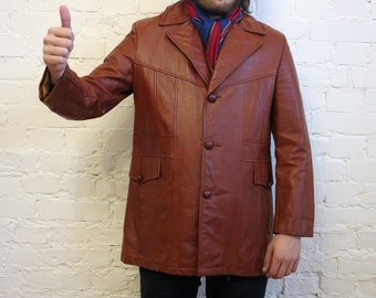 Vintage 80s Brown Genuine Leather Coat, Removable Lining (Size 42)