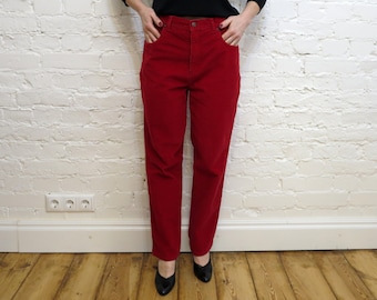 Hot Red Corduroy Pants Tapered Leg Stretchy Trousers Hogh Rise Pants Hippie Boho Pants Mom Pants Medium to Large Size