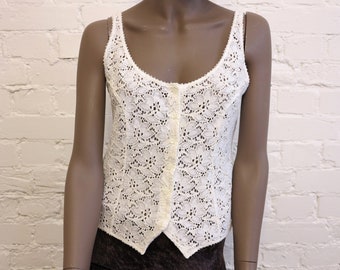 Off White Lace Blouse Sveeveless Cotton Blend Stretchy Lace Top Sheer Blouse Buttons Down Top Medium Size