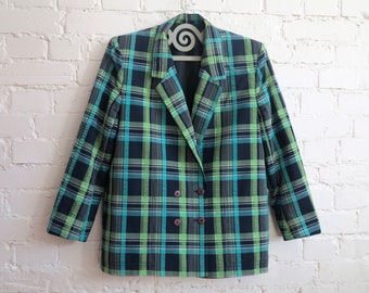 Vintage 80s Women's Plaid Jacket Blue Green Formal Jacket Checkered Cotton Blend Blazer Double Breasted Checkered Jacket Large Size