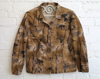 Light Brown Corduroy Jacket / Blouse Abstract Print Jacket Micro Corduroy Stretchy Blazer Women's Cotton Blazer Large Size