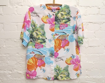Vintage blouse met palmprint, tropisch shirt met korte mouwen, large