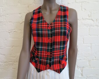 Vintage 70er Jahre Tartan Karierte Weste Damen Weste Rot Grün Karierte Weste Karierte Weste Schwedisches Design Small Size