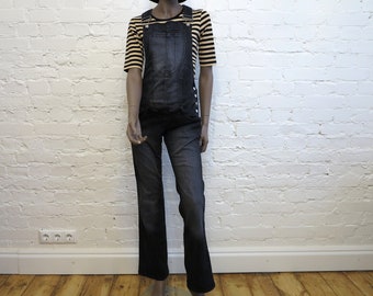 Vintage Graue Denim Umstandsoveralls - Dehnbarer Jeanspullover, S