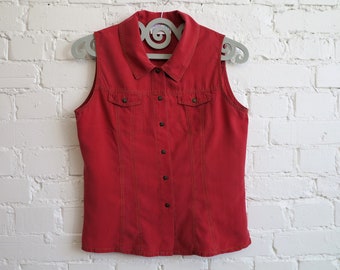 Vintage Red Blouse Silk Blouse Sleeveless Blouse Buttons Down Blouse Red Top Womens Blouse Sleeveless Shirt Medium Size