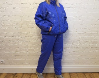 Traje de esquí vintage morado de los años 90 para mujer, traje de esquí de dos piezas, traje de nieve de nailon, chaqueta de esquí, pantalones de esquí, ropa de invierno, talla grande