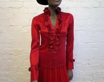 Hot Red Silky Blouse Womens Ruffled Blouse Long Sleeves Stretchy Blouse Jabot Blouse Valentines Day Blouse Small Size