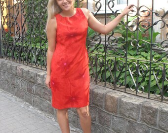 Hot Red Little Dress Red Viscose Sleeveless Dress Floral Print Mini Dress Medium Size