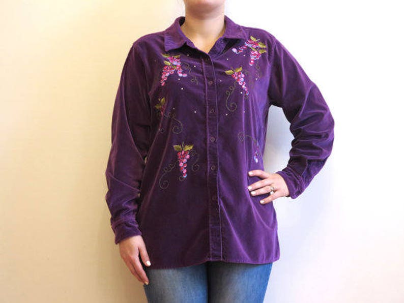 Purple Blouse Velvet Blouse Womens Shirt Embroidered Grapes Long Sleeves Blouse Buttons Up Blouse Large Size