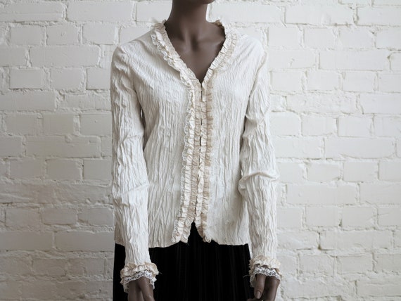 Light Beige Crinkled Blouse Buttons Down Womens Bl