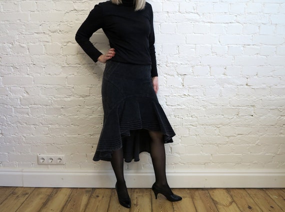 Vintage Cotton Velvet Skirt Grey Ruffled Velvet Skirt Assymetrical Skirt Stretchy Velvet Skirt Dance Skirt Medium Size Etsy