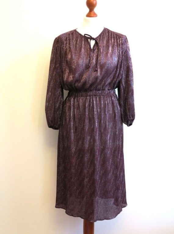 Vintage 1970s Wine Red Burgundy Dress Metallic Kne