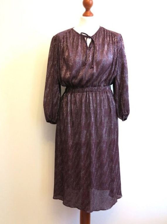 Vintage 1970s Wine Red Burgundy Dress Metallic Kn… - image 1