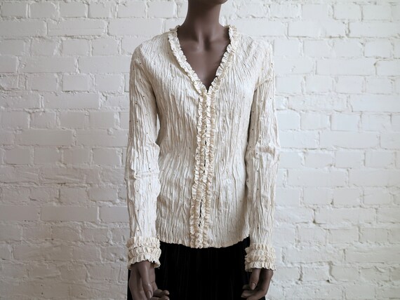 Light Beige Crinkled Stretchy Blouse Buttons Down