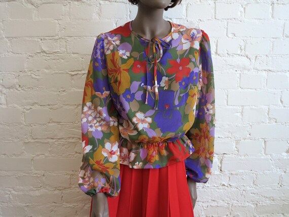 Vintage 70s Multicolor Chiffon Blouse Floral Prin… - image 1