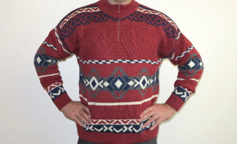Wine Red Knitted Mens Sweater Wool Alpaca Warm Winter Pullover Top Jumper Italian Classics Large to Extra Large Size