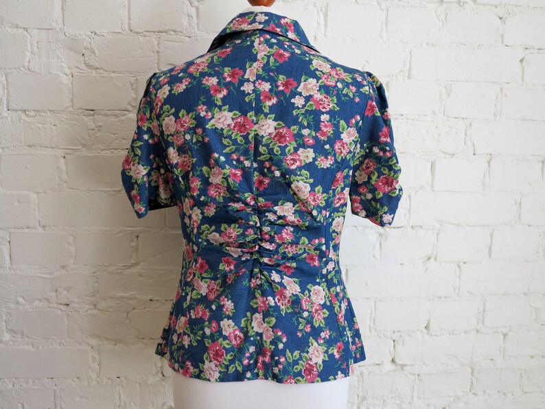 Blue Blouse Floral Print Blouse Short Sleeves Blouse Crinkle Top English Roses Print Cotton Blouse Short Sleeves Summer Jacket Medium Size